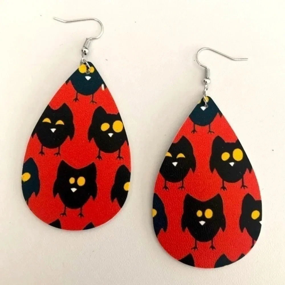 Orange Fall Autumn Owl Teardrop Faux Leather Die-Cut Earrings NWT